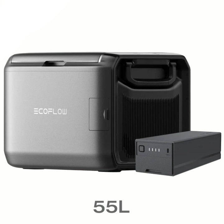 EcoFlow Glacier Classic portable refrigerator with dual-zone cooling, 55L capacity, plug-in battery, and sleek design.