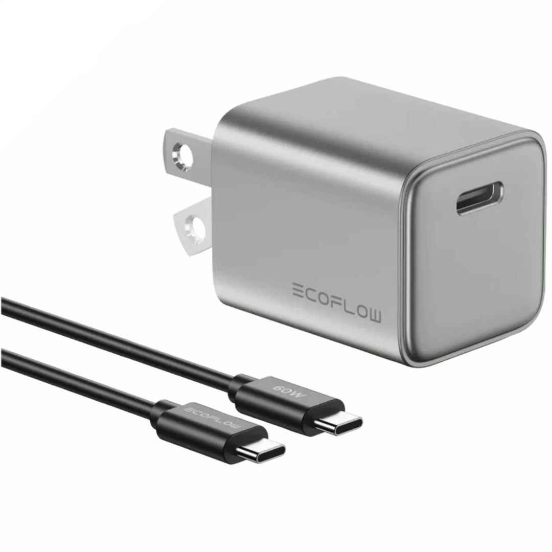 EcoFlow RAPID 20W GaN charger with 60W USB-C cable, compact power adapter for efficient fast charging.