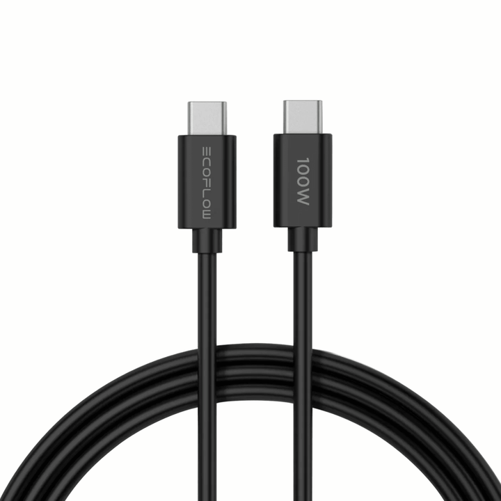 EcoFlow RAPID 65W GaN charger with 100W USB-C cable and power adapter, compact high-speed charging device.
