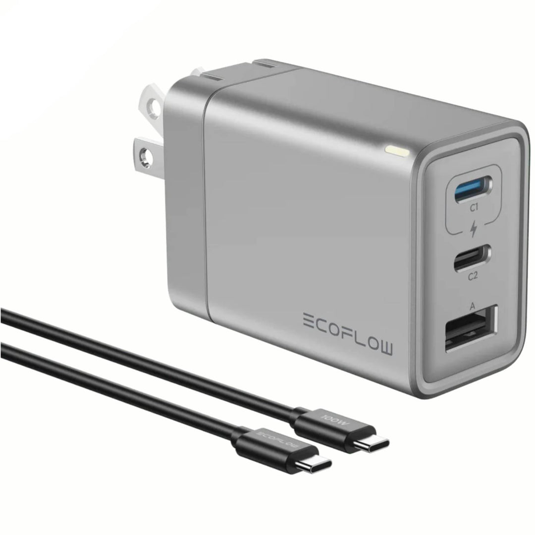 EcoFlow RAPID 65W GaN charger with 100W USB-C cable and power adapter for fast charging devices.