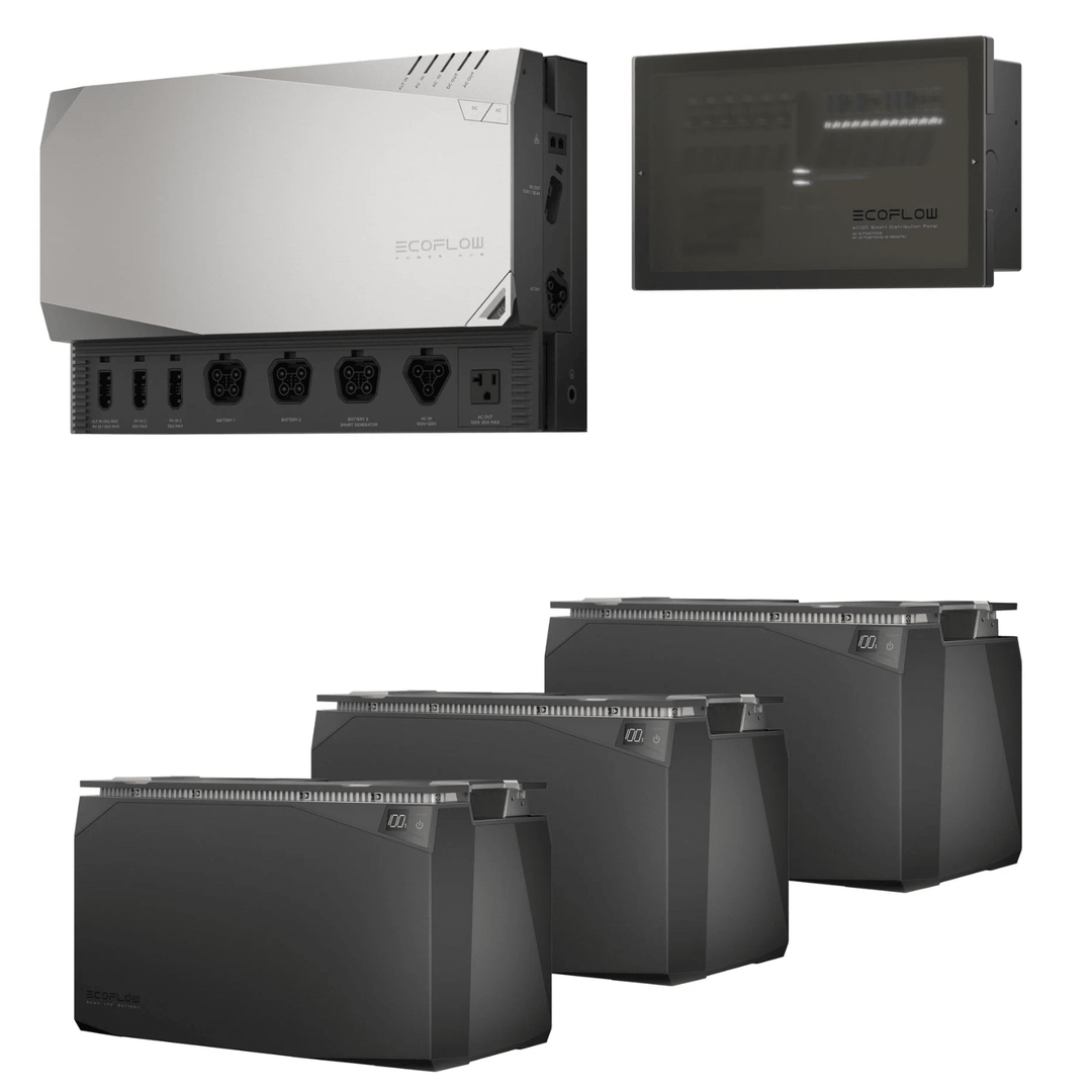 EcoFlow 15kWh Power Prepared Kit for off-grid energy, featuring batteries, inverter, and connection ports for reliable backup power.