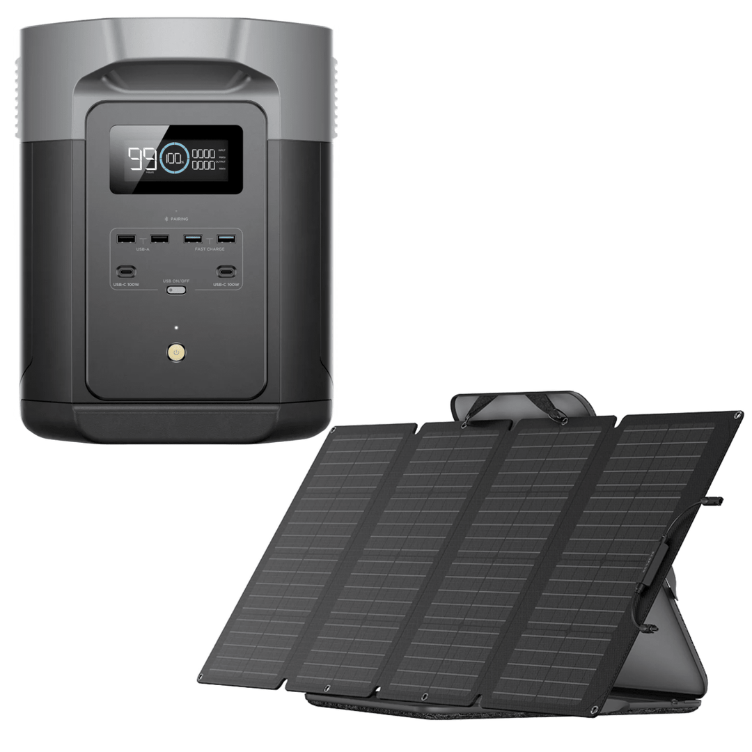 EcoFlow DELTA 2 Max portable power station with 160W solar panel, showing the compact device connected to the solar panel for charging.