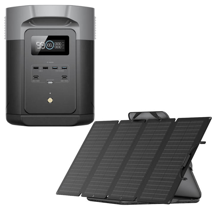 EcoFlow DELTA 2 Max portable power station with 160W solar panel, showing the compact device connected to the solar panel for charging.