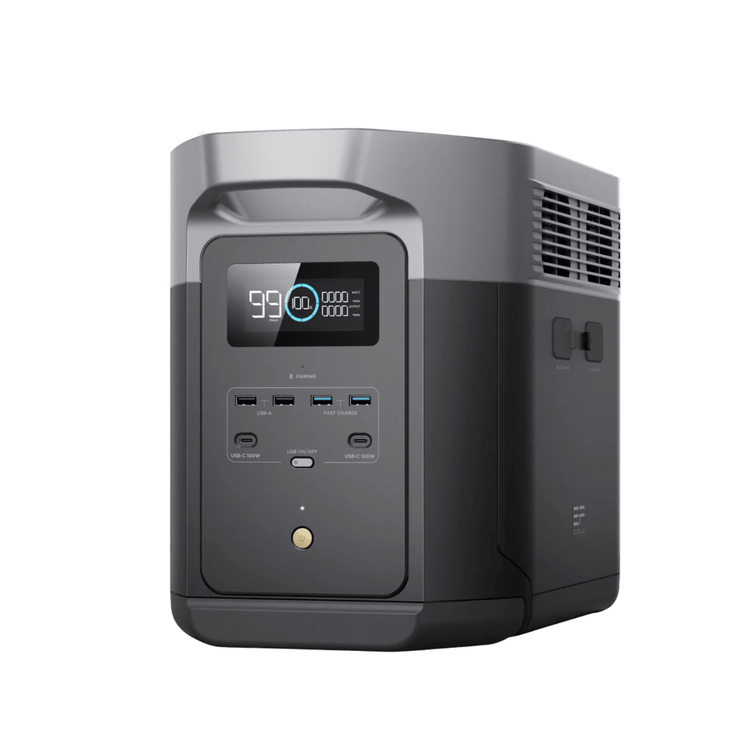 EcoFlow DELTA 2 Max portable power station with 160W solar panel, showing multiple outlets and digital display on the device.