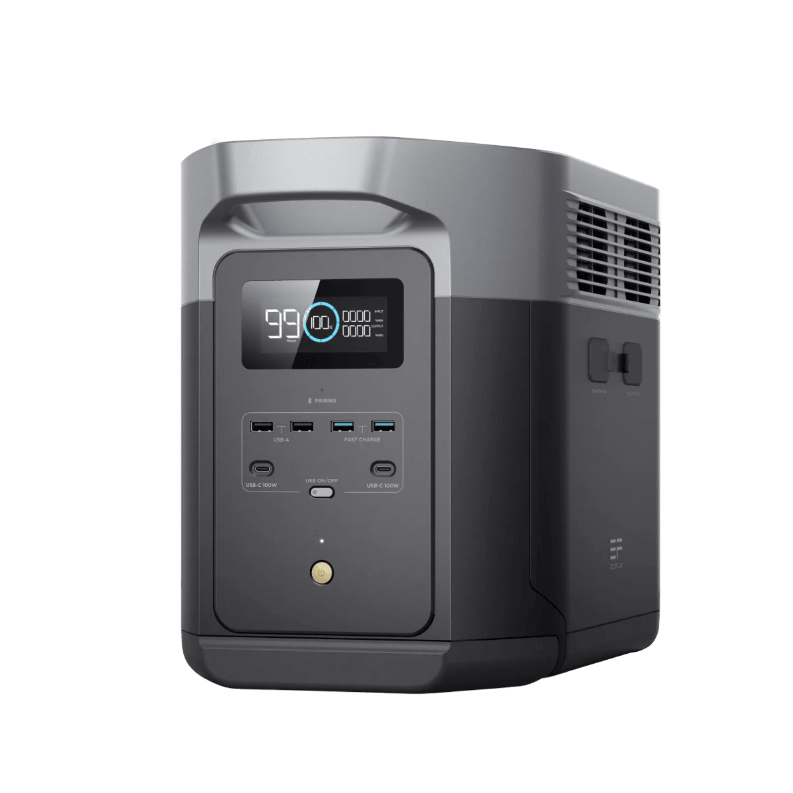EcoFlow DELTA 2 Max portable power station with 160W solar panel, showing multiple outlets and digital display on the device.