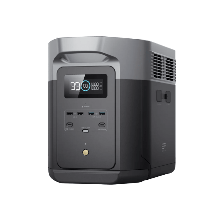 EcoFlow DELTA 2 Max portable power station with 160W solar panel, showing multiple outlets and digital display on the device.