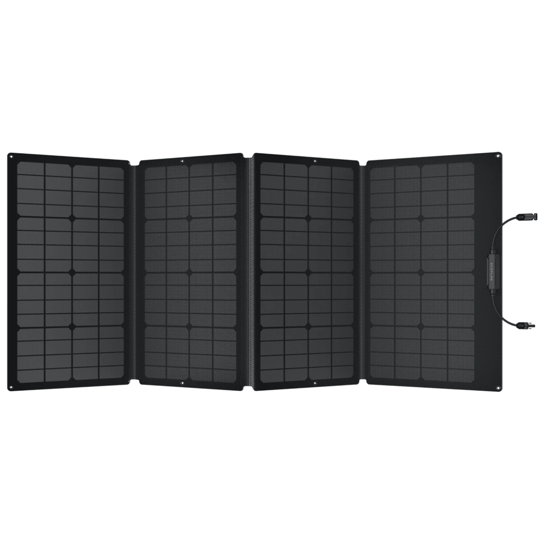 EcoFlow DELTA 2 Max portable power station with 160W solar panel, showing the compact device connected for portable energy.