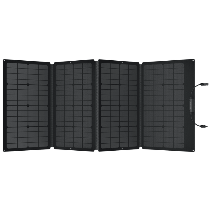 EcoFlow DELTA 2 Max portable power station with 160W solar panel, showing the compact device connected for portable energy.