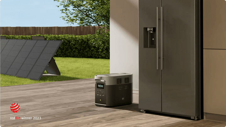 EcoFlow DELTA 2 Max portable power station with a 160W solar panel, showing the compact device and solar panel outdoors.