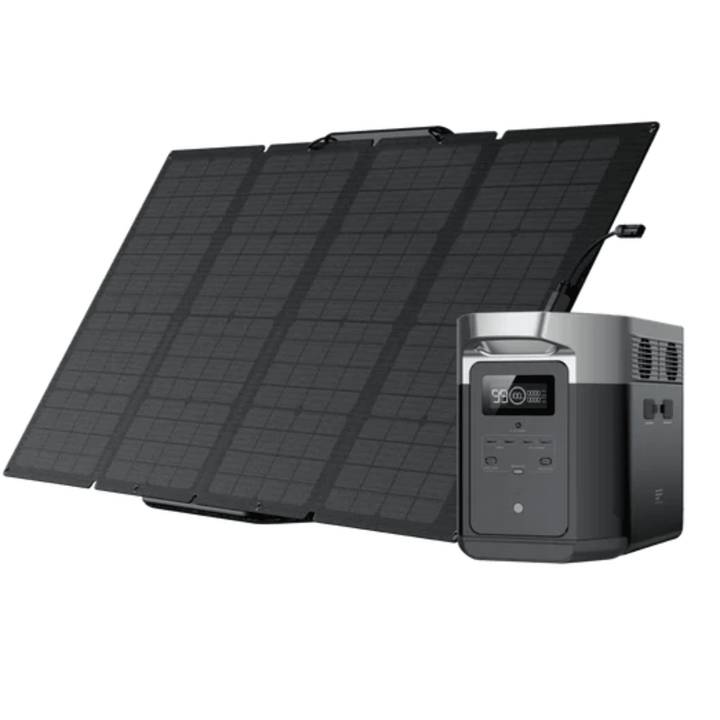 EcoFlow DELTA 2 Max portable power station with 160W solar panel, showing the device and solar panel outdoors on a sunny day.