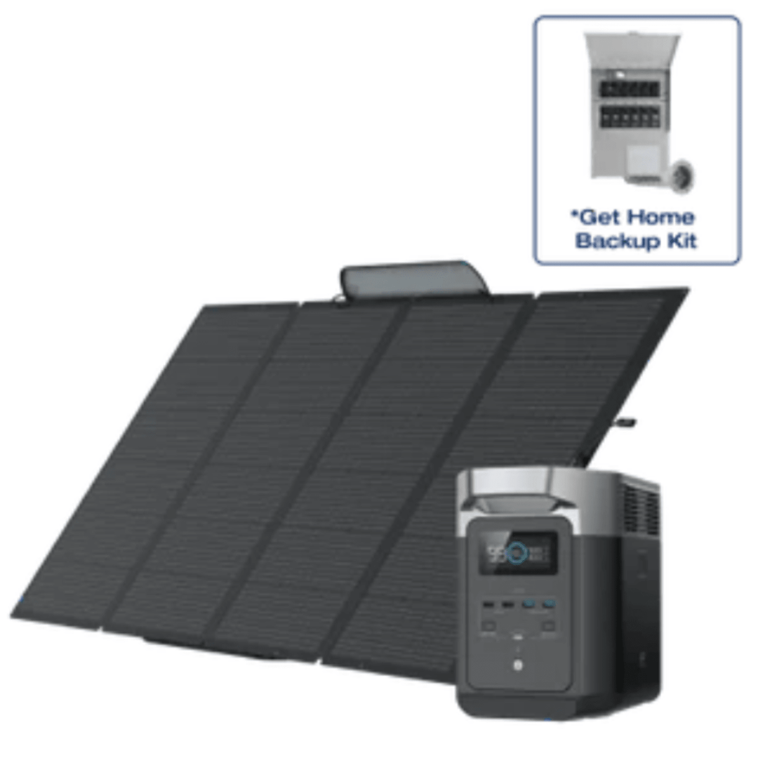 EcoFlow DELTA Pro power station with 400W solar panel and transfer switch with cable, outdoor portable energy kit.