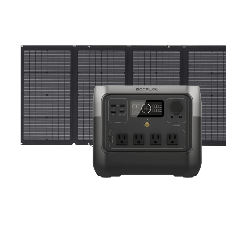 EcoFlow River 2 Pro 768Wh portable power station with 110W solar panel, IP68 durable design, outdoor use, and charging ports