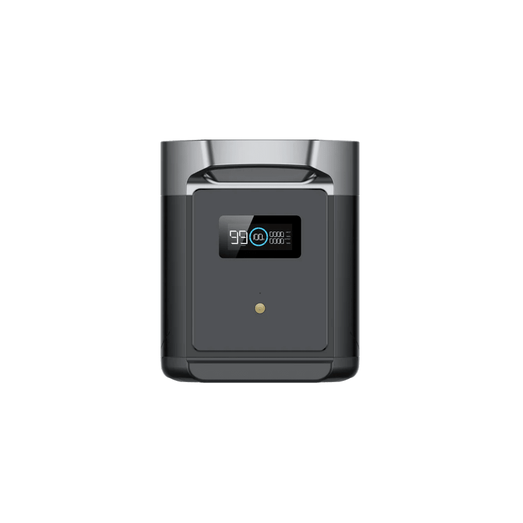 EcoFlow Delta 2 Max Smart Extra Battery showing 2048Wh capacity and LFP chemistry, with digital display and connection ports.
