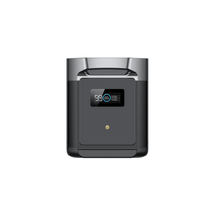 EcoFlow Delta 2 Max Smart Extra Battery showing 2048Wh capacity and LFP chemistry, with digital display and connection ports.