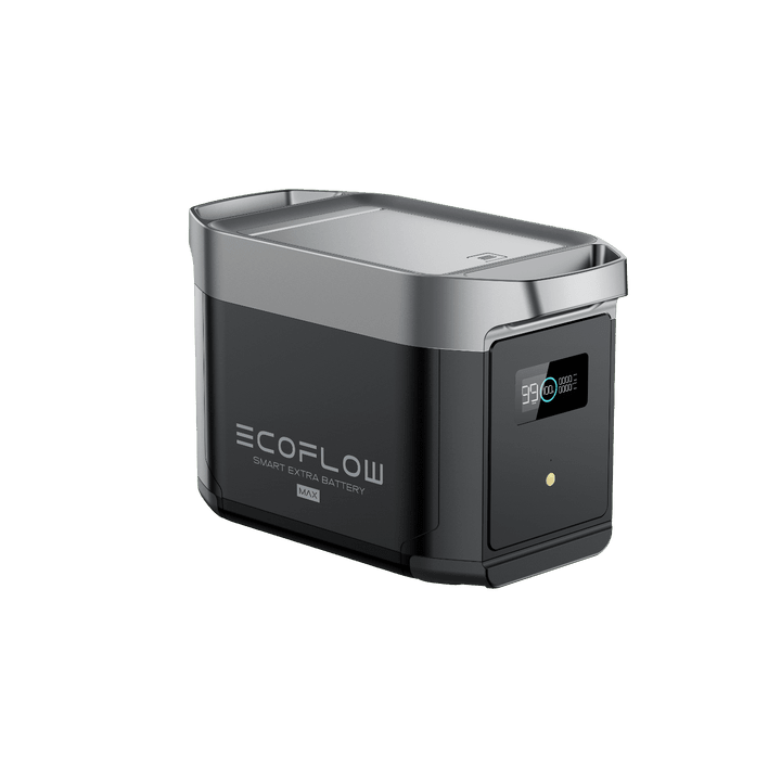 EcoFlow DELTA 2 Max Smart Extra Battery showing 2048Wh capacity, LFP chemistry, 51.2V, and sleek design.