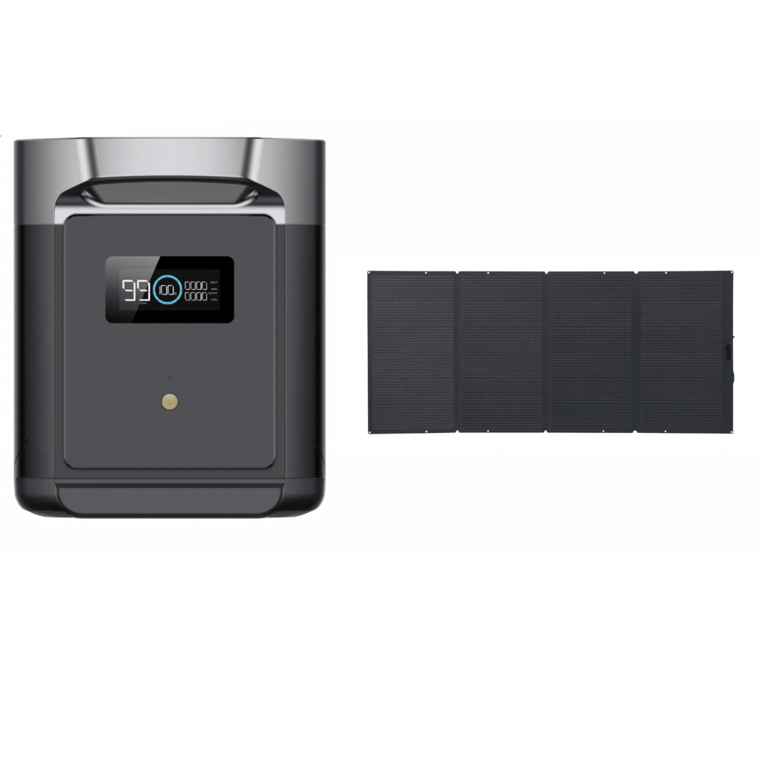 EcoFlow DELTA 2 Max portable power station with 2048Wh battery and 400W solar panel for outdoor and emergency power.