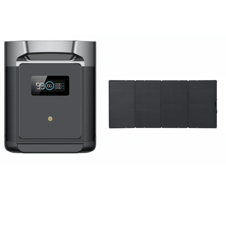 EcoFlow DELTA 2 Max portable power station with 2048Wh battery and 400W solar panel for outdoor and emergency power.