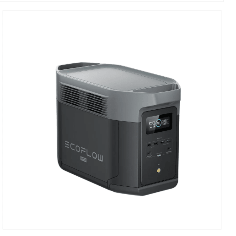 EcoFlow DELTA 2 Max portable solar and battery power station with digital display and multiple outlets for home backup use.