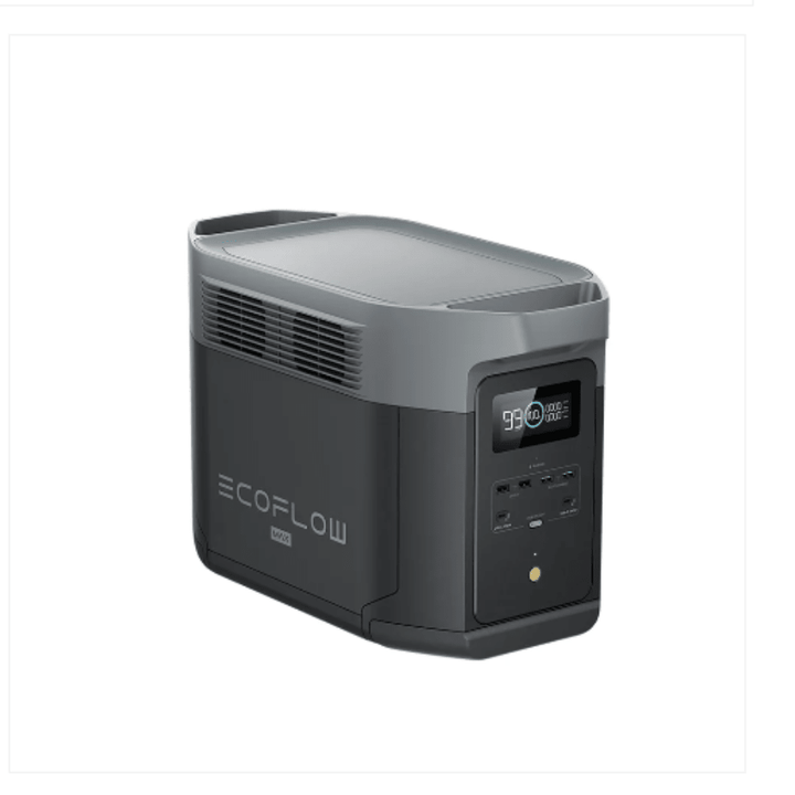 EcoFlow DELTA 2 Max portable solar and battery power station with digital display and multiple outlets for home backup use.
