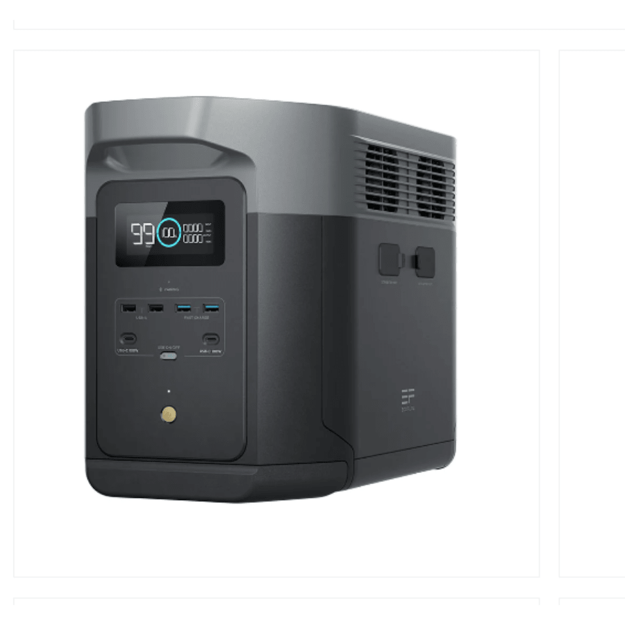 EcoFlow DELTA 2 Max portable power station with solar panel, showing digital display and multiple outlets for home backup and outdoor use.