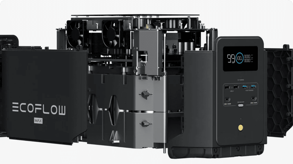 EcoFlow DELTA 2 Max portable power station with 160W solar panel, showing the compact design and multiple charging ports.