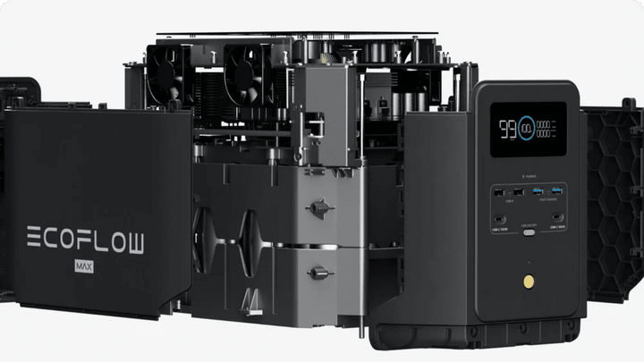 EcoFlow DELTA 2 Max portable power station with 160W solar panel, showing the compact design and multiple charging ports.