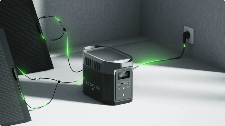EcoFlow DELTA 2 Max portable power station with 160W solar panel, showing the compact design and multiple output ports.