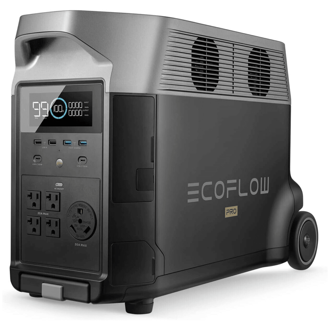 EcoFlow DELTA Pro Power Station with 3600Wh capacity and extra battery, portable solar and battery generator for outdoor power.