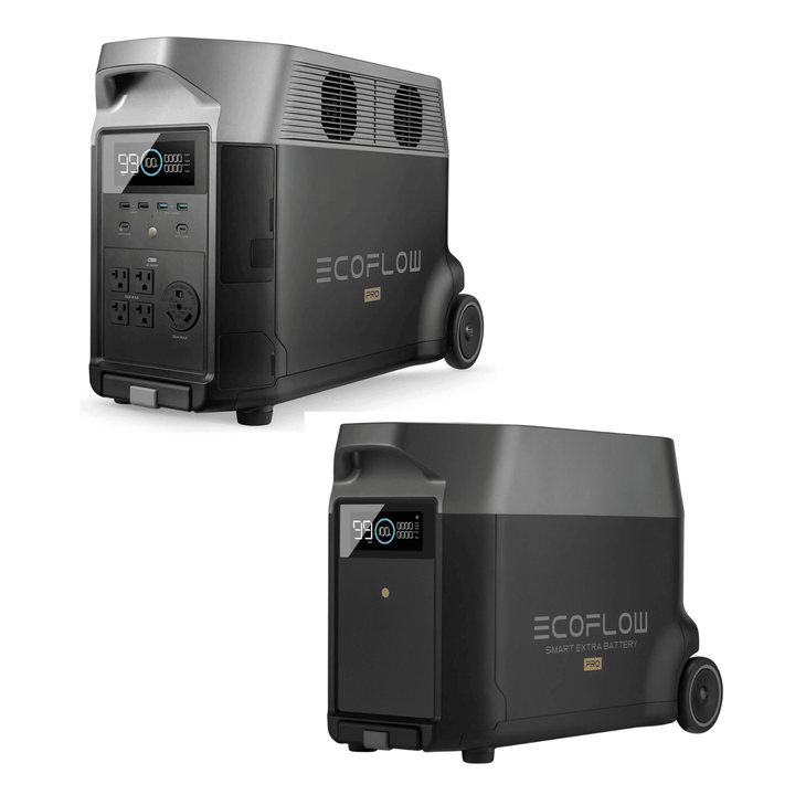 EcoFlow DELTA Pro Power Station with 3600Wh capacity and extra battery, portable solar and battery power generator.