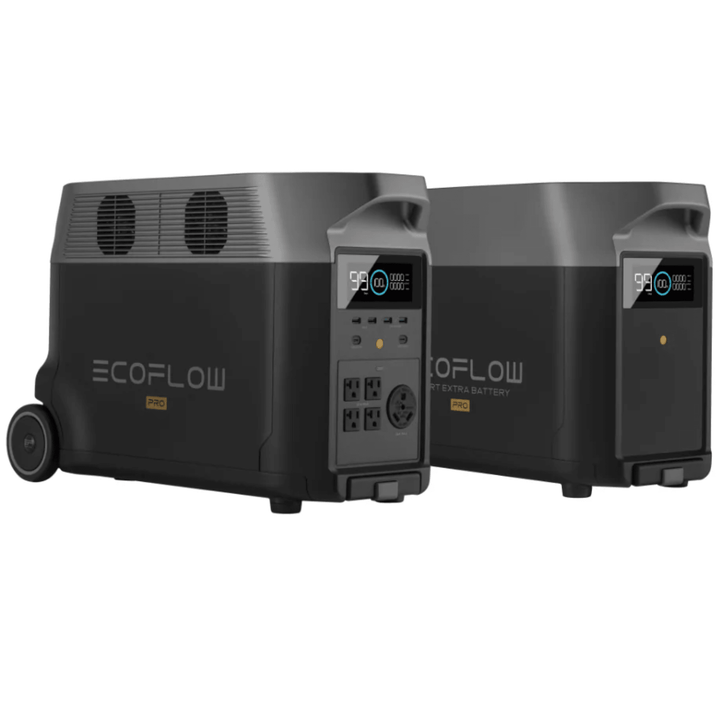 EcoFlow DELTA Pro Power Station with 3600Wh capacity and extra battery, portable solar and battery generator for backup power.