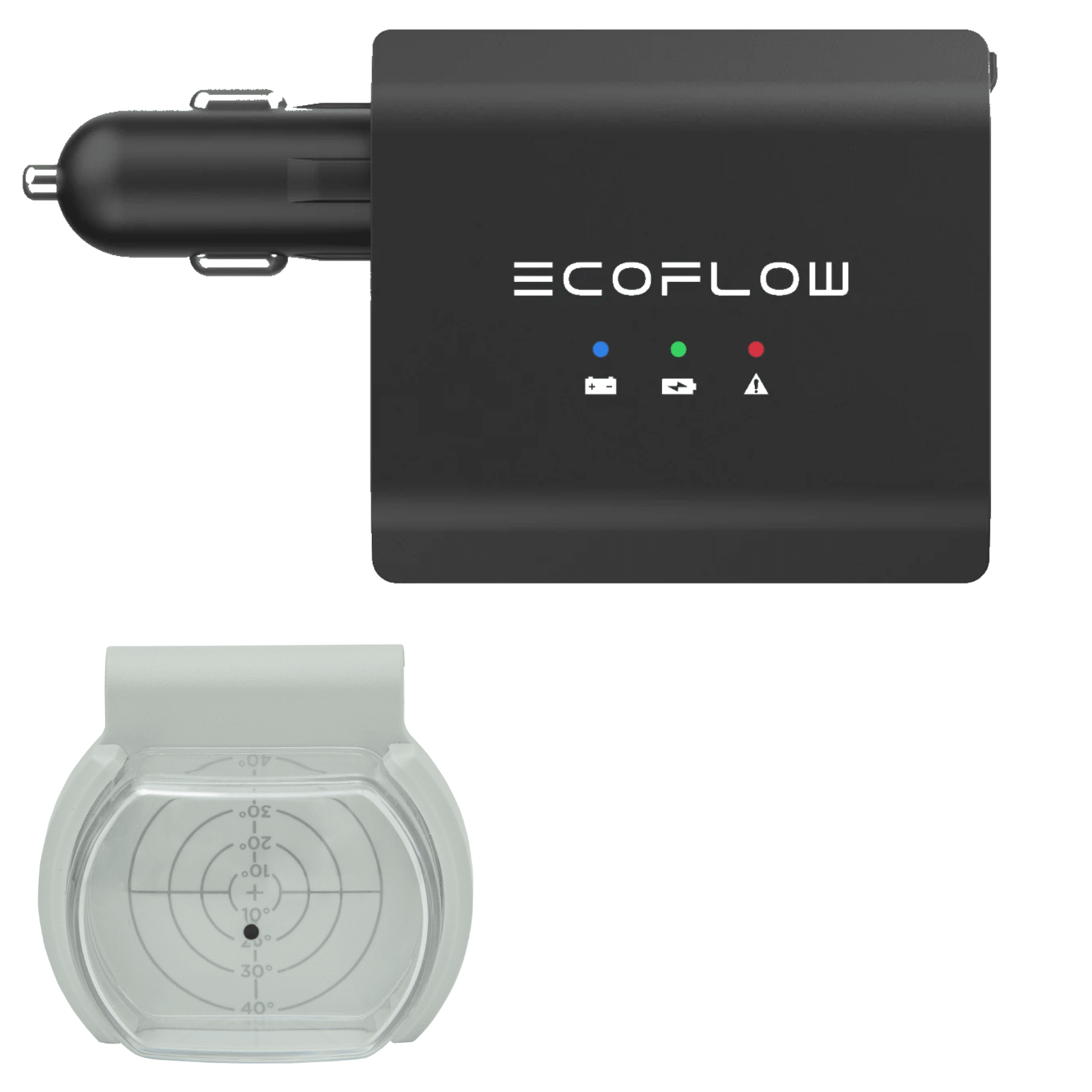 EcoFlow Smart Auto Battery Charger and Solar Angle Guide 2 Kit for solar energy, showcasing solar panels and charging components.