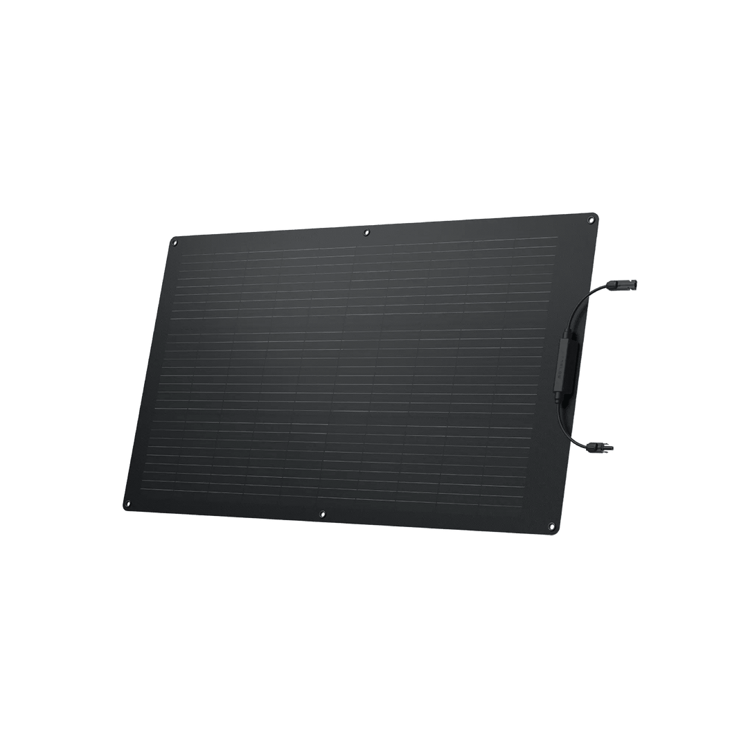 EcoFlow 100W flexible solar panel showing high-efficiency solar modules with a lightweight, portable design for outdoor use.
