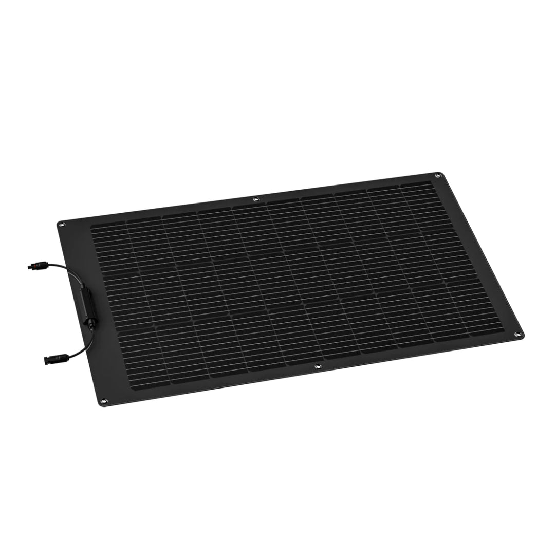 EcoFlow 100W flexible solar panel showing high-efficiency solar modules with a lightweight, bendable design for portable solar power.