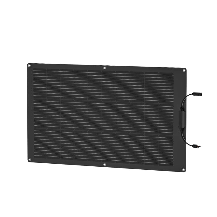 EcoFlow 100W flexible solar panel showing high-efficiency solar modules with a lightweight, bendable design for portable solar power.