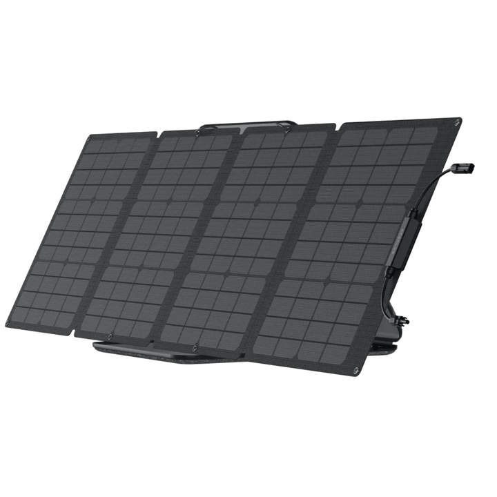 EcoFlow 110W portable solar panel for outdoor power stations, showing the compact, foldable design with solar cells on the surface.