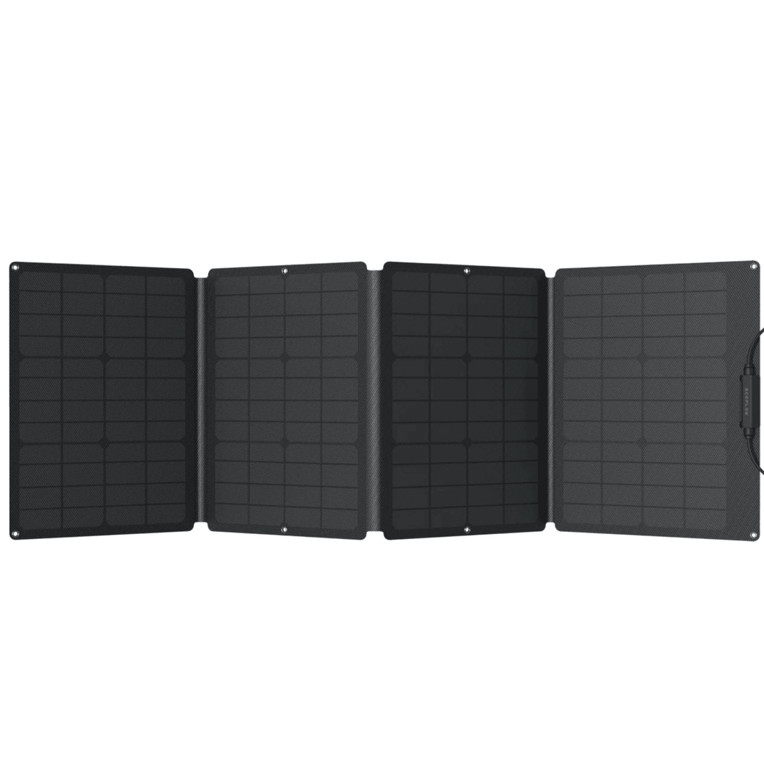 EcoFlow 110W portable solar panel for outdoor power stations, with black frame and solar cells visible in a outdoor setting.