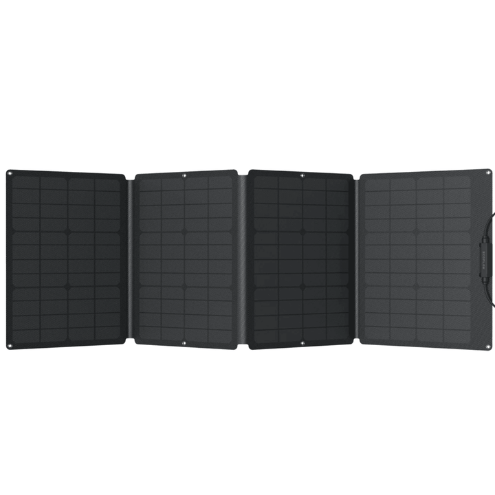 EcoFlow 110W portable solar panel for outdoor power stations, with black frame and solar cells visible in a outdoor setting.