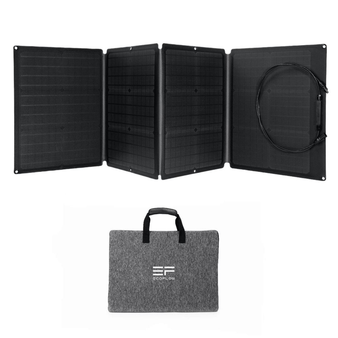 EcoFlow 110W portable solar panel for outdoor power stations, shown unfolded with blue solar cells and durable frame.
