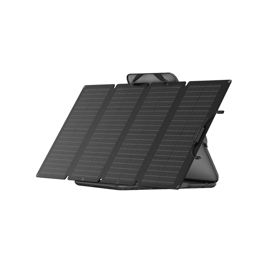 EcoFlow 160W portable solar panel with kickstand for power stations, showing the sleek solar surface and adjustable support.