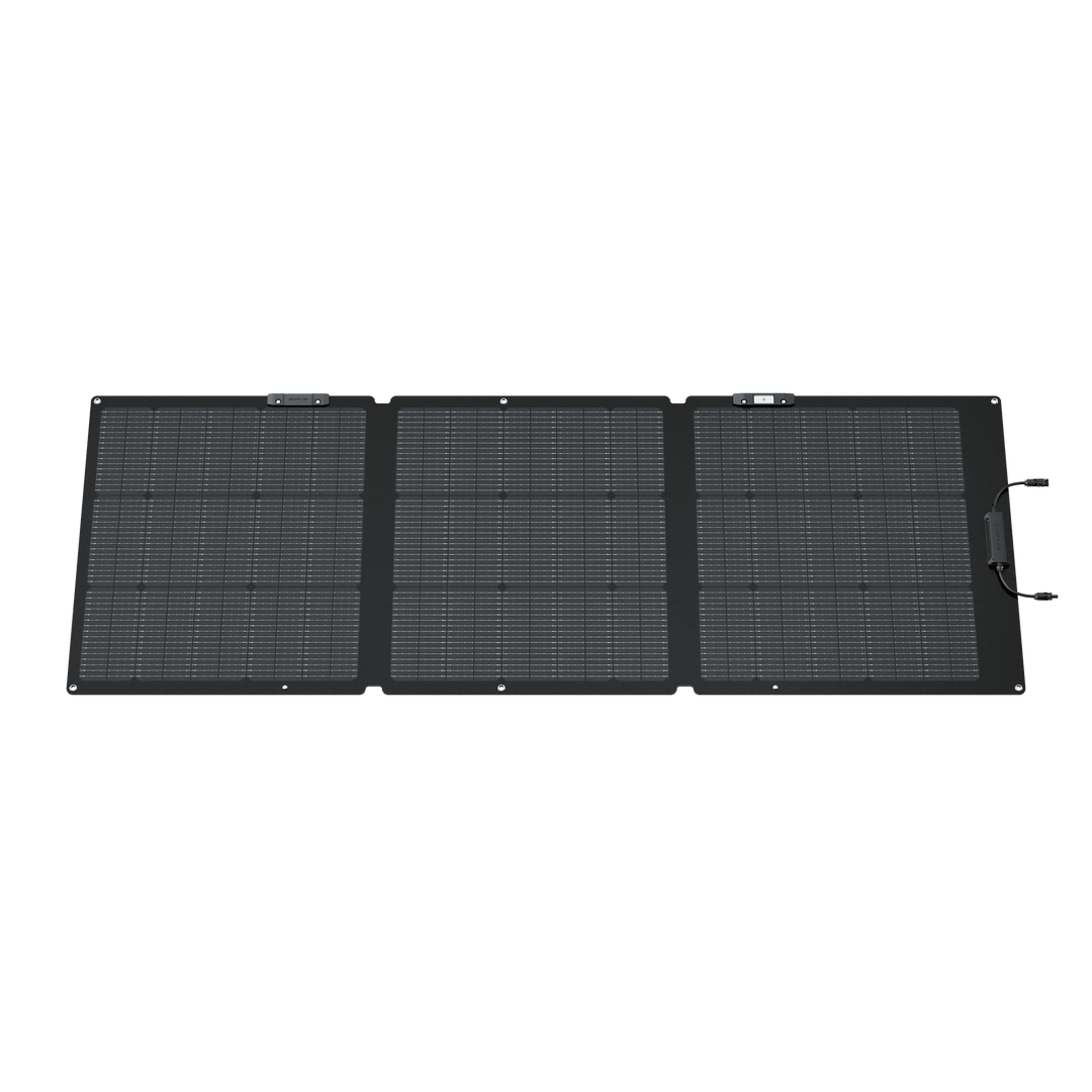 EcoFlow 160W portable solar panel with kickstand, designed for powering stations, shown outdoors with sunlight.