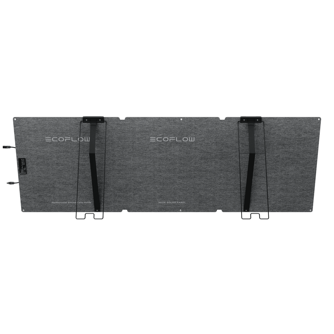 EcoFlow 160W portable solar panel with kickstand, designed for use with EcoFlow power stations, outdoors on a sunny day.