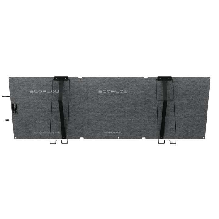 EcoFlow 160W portable solar panel with kickstand, designed for use with EcoFlow power stations, outdoors on a sunny day.