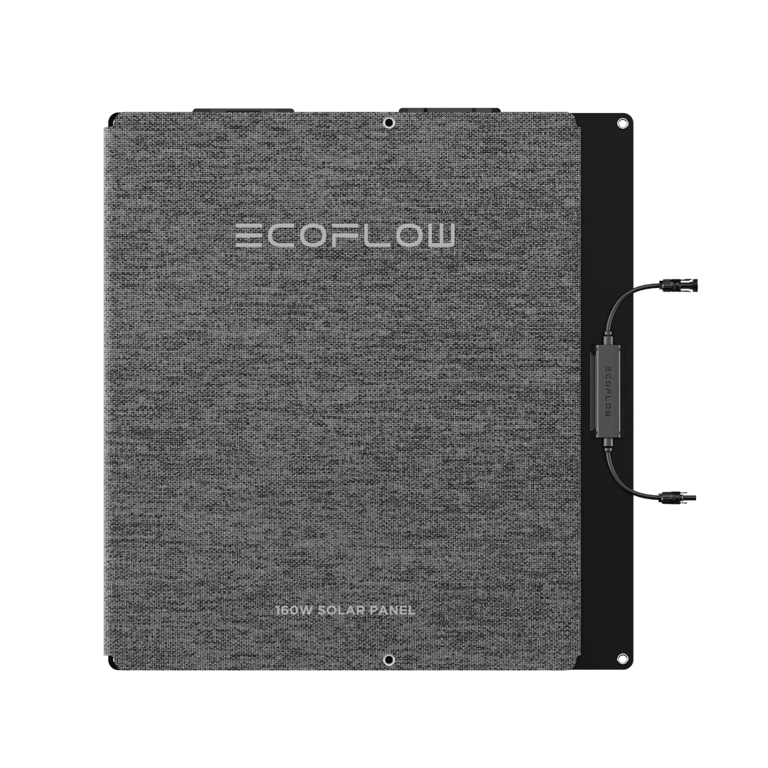 EcoFlow 160W portable solar panel with kickstand, designed for outdoor power stations, showing the solar panel and adjustable stand.