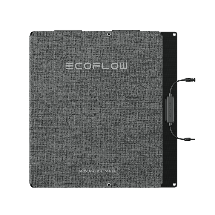 EcoFlow 160W portable solar panel with kickstand, designed for outdoor power stations, showing the solar panel and adjustable stand.