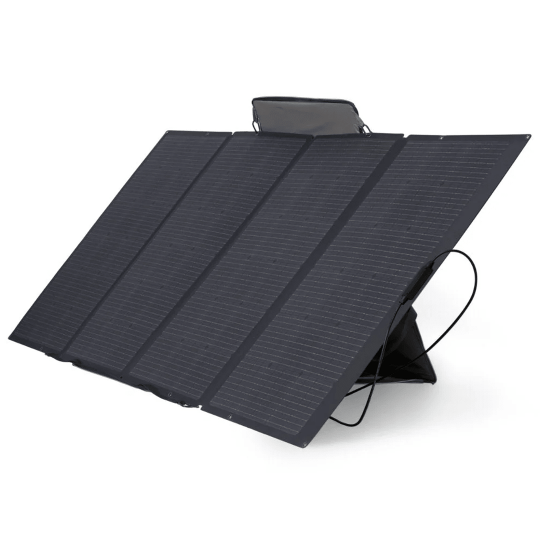 EcoFlow 400W solar panel, self-supporting design for recharge power stations, outdoor solar energy solution.
