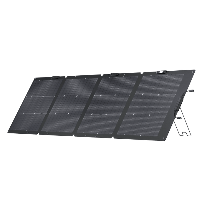 EcoFlow NextGen 220W bifacial solar panel kit for camping and RV, showing the solar panel with reflective surface and mounting components.
