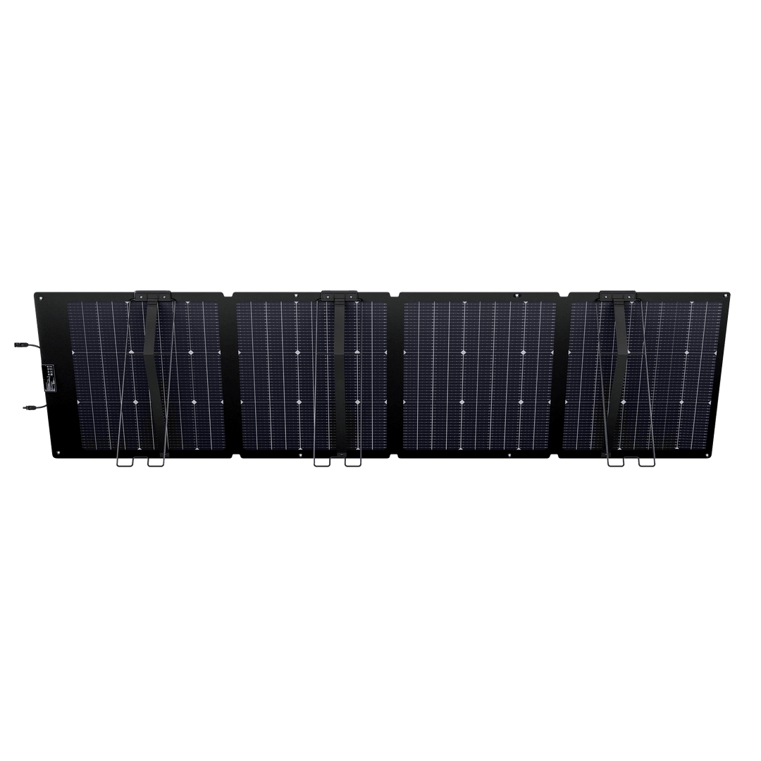EcoFlow NextGen 220W bifacial solar panel kit for camping and RV, showing the solar panel with dual-sided design in outdoor setting.