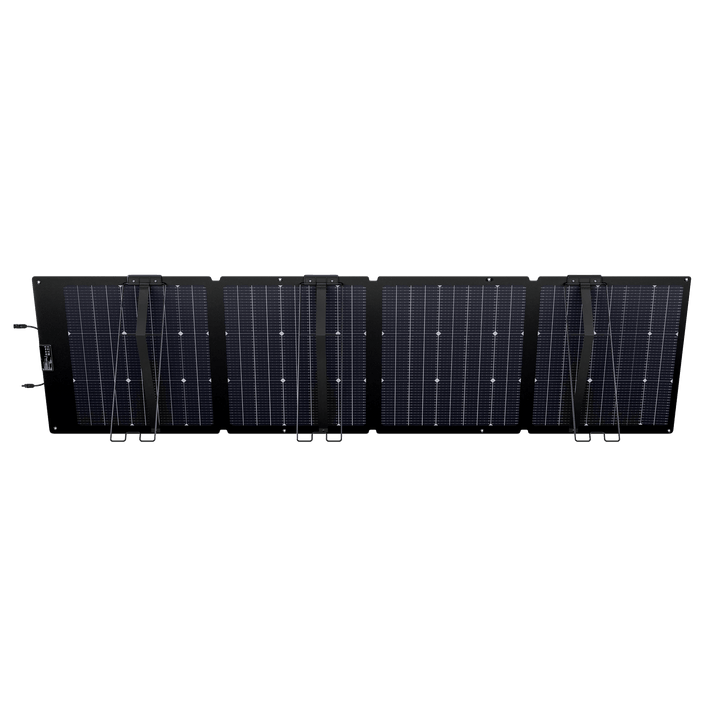 EcoFlow NextGen 220W bifacial solar panel kit for camping and RV, showing the solar panel with dual-sided design in outdoor setting.
