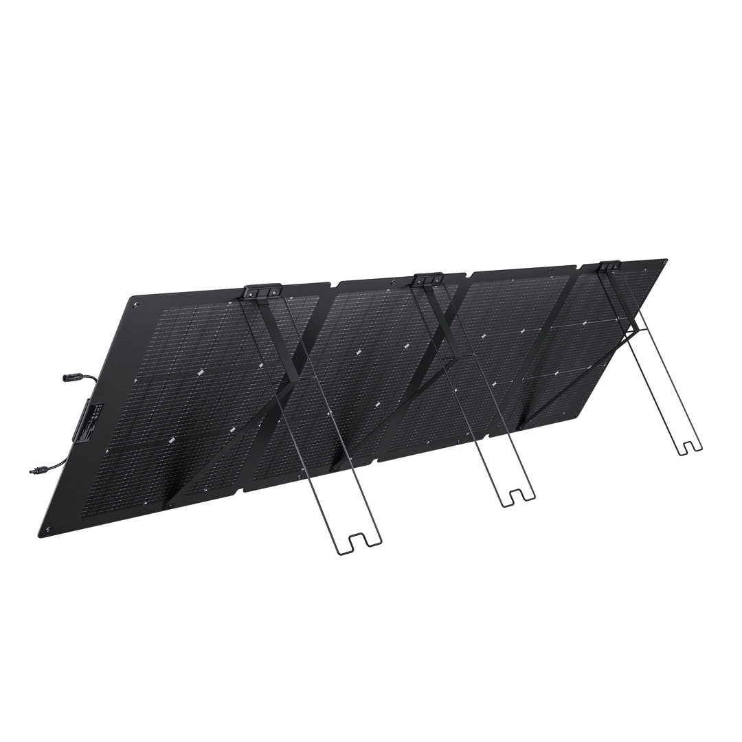 EcoFlow NextGen 220W bifacial solar panel kit for camping and RV, showing the solar panel with dual-sided design and mounting frame.