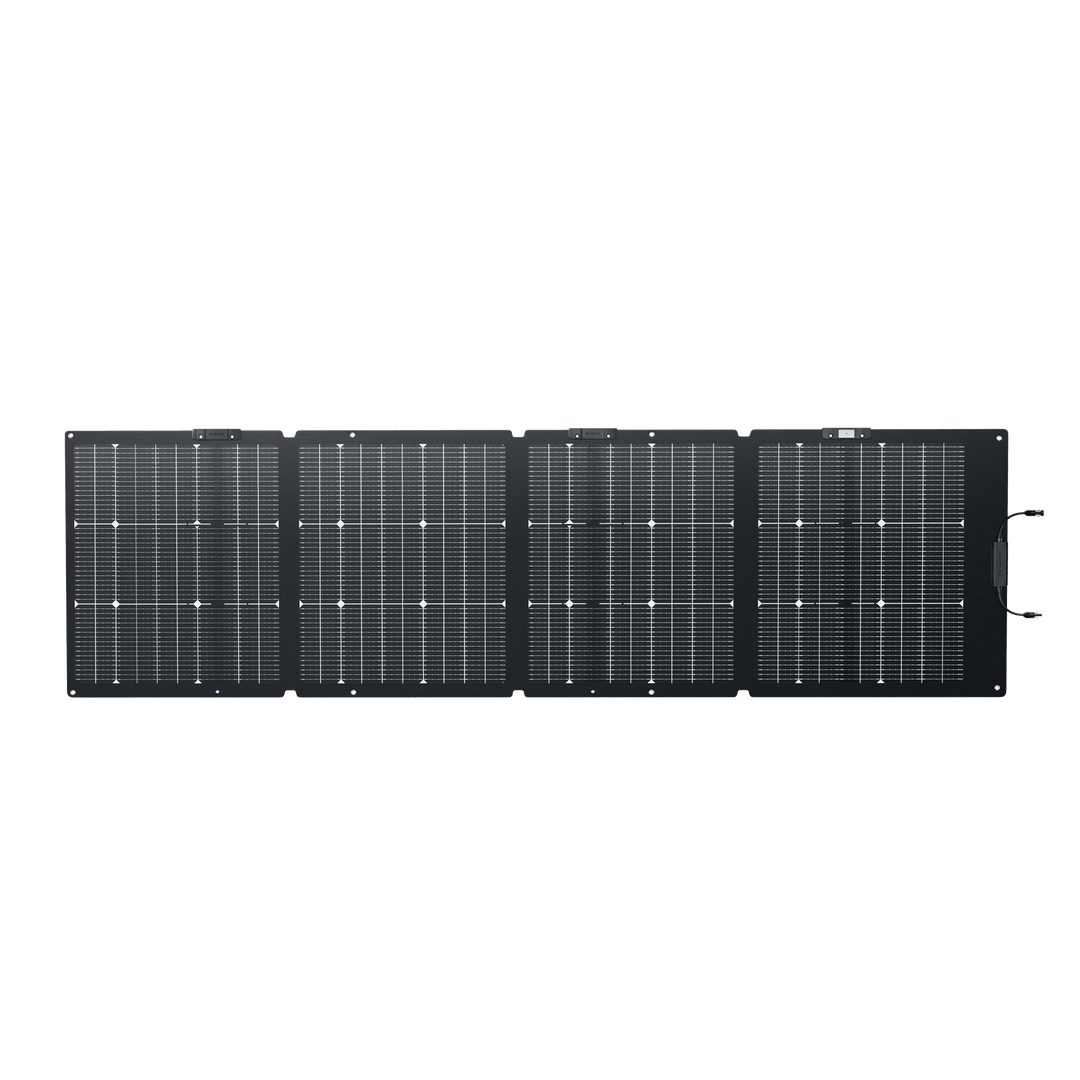 EcoFlow NextGen 220W bifacial solar panel kit for camping and RV, showing the black solar panel with mounting setup.